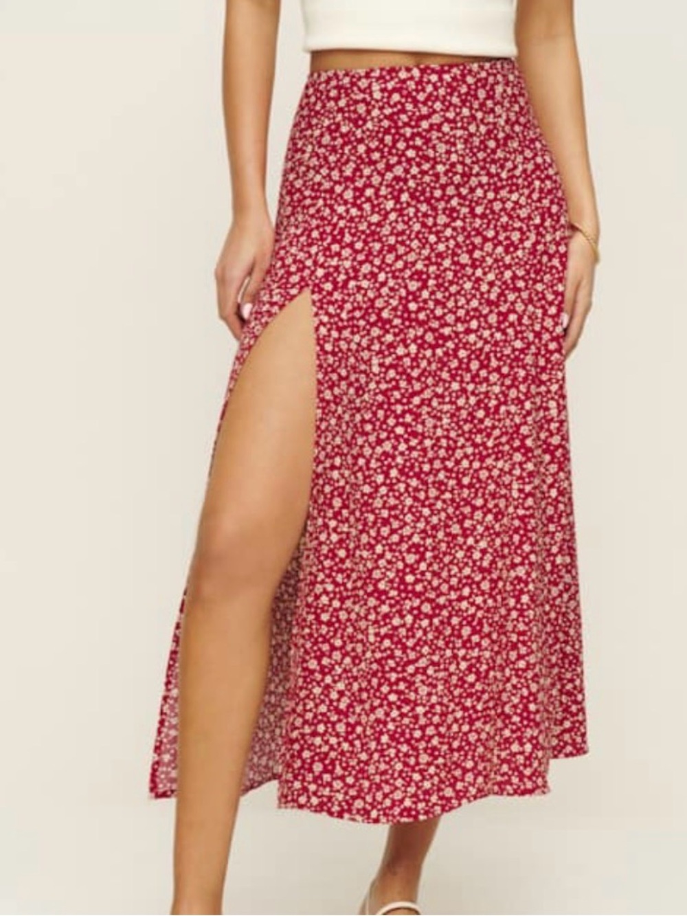 Reformation Zoe Skirt In Last Tango Red Floral High-Slit Maxi Skirt Size 4 ditsy